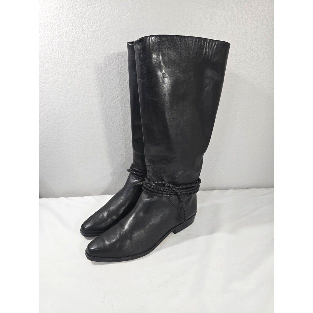 Scruples Black Leather Vintage Braided Rope Riding Boots pull on Size 8.5